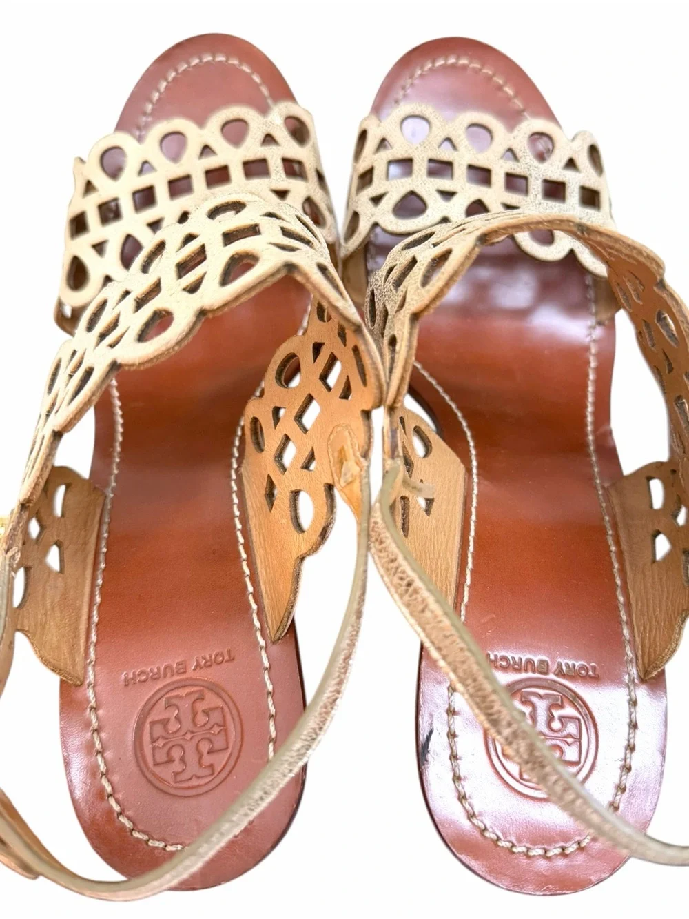Tory Burch Nori Scalloped Cutout Gold Metallic Platform Wedge Slingback Heels